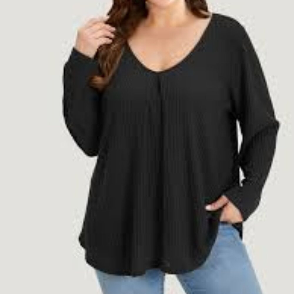 NWT L 12 BLACK Waffle Knit Scoop Neck Tee SOFT LIGHTWEIGHT STRETCHY K-1077
